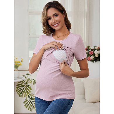 Women's Ribbed Knit Short Sleeve Nursing Shirts Crossover Maternity Breastfeeding Top