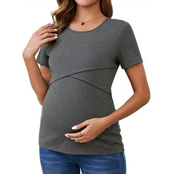 Women's Ribbed Knit Short Sleeve Nursing Shirts Crossover Maternity Breastfeeding Top