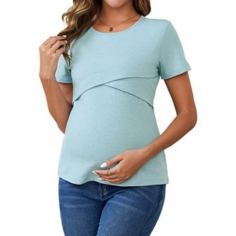 Women's Ribbed Knit Short Sleeve Nursing Shirts Crossover Maternity Breastfeeding Top