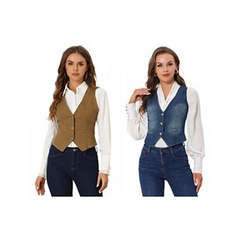 2 Packs Women's Casual V Neck Sleeveless Button Down Washed Denim Vest Jacket