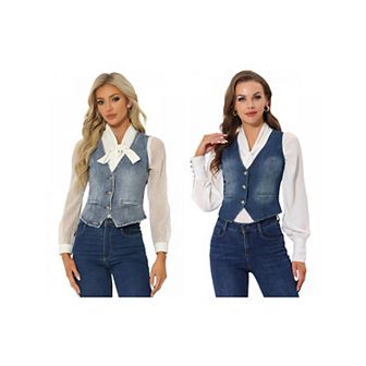 2 Packs Women's Casual V Neck Sleeveless Button Down Washed Denim Vest Jacket