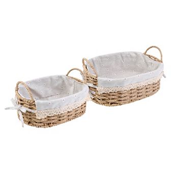 2 pc Wicker Basket, Oval Self-supporting Storage Basket with Handles 10.2*7.1*3.5in/11.8*8.3*3.7in
