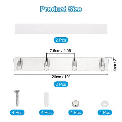 Coat Rack Wall Mount, 2 Pcs 10" Metal Chamfer Wall Hooks Rail with 4 Hooks, Silver