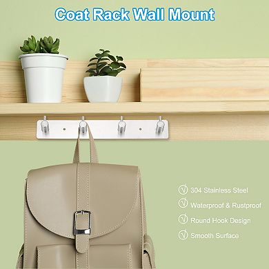 Coat Rack Wall Mount, 2 Pcs 10" Metal Chamfer Wall Hooks Rail with 4 Hooks, Silver