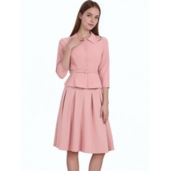 Business Skirt Suit Sets for Women's 2 pc Outfits Office Long Sleeve Blazer Jacket Pleated Skirts