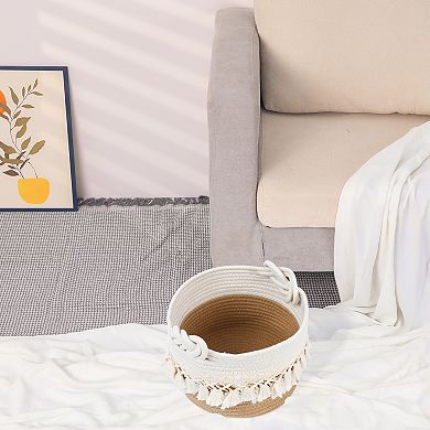 1 Pack Woven Storage Basket, Shelf Closet Storage Bin with Tassel for Key Tray Bowl 9.4*6.7in