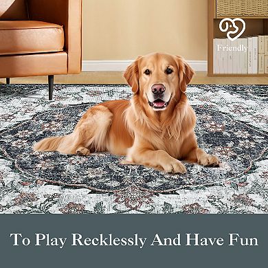 Garvee Machine Washable Boho Vintage Floral Area Rug Non Slip Throw Carpet for Home