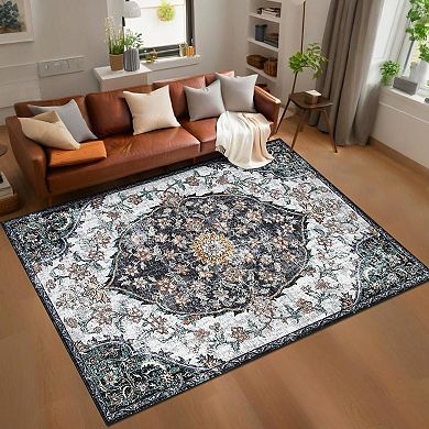 Garvee Machine Washable Boho Vintage Floral Area Rug Non Slip Throw Carpet for Home