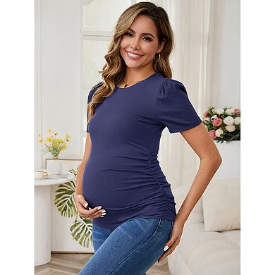 Women's Maternity Crewneck Short Sleeve Ruched Side Stretchy Ribbed Knit Top Blouse