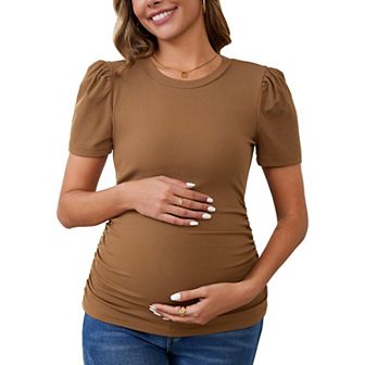Women's Maternity Crewneck Short Sleeve Ruched Side Stretchy Ribbed Knit Top Blouse