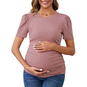 Women's Maternity Crewneck Short Sleeve Ruched Side Stretchy Ribbed Knit Top Blouse