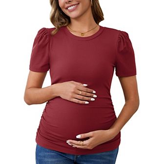 Women's Maternity Crewneck Short Sleeve Ruched Side Stretchy Ribbed Knit Top Blouse