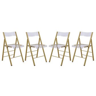 LeisureMod Menno Modern Acrylic Gold Base Folding Chair, Set of 4