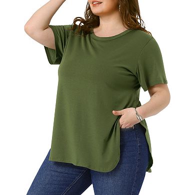 Plus Size Top for Women Summer Short Sleeve Round Neck Side Split Hem T-Shirts
