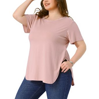 Plus Size Top for Women Summer Short Sleeve Round Neck Side Split Hem T-Shirts