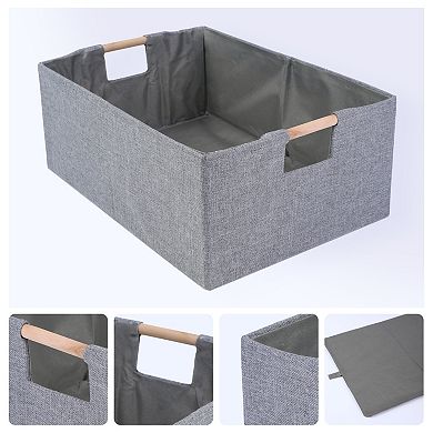 1 Pack Foldable Storage Basket with Wood Handles, Fabric Storage Bin Featuring for Shelves Closets