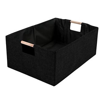 1 Pack Foldable Storage Basket with Wood Handles and Bottom Board, Fabric Storage Bin Featuring