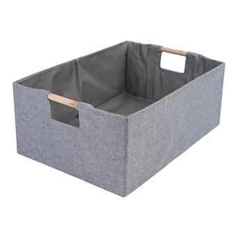 1 Pack Foldable Storage Basket with Wood Handles and Bottom Board, Fabric Storage Bin Featuring