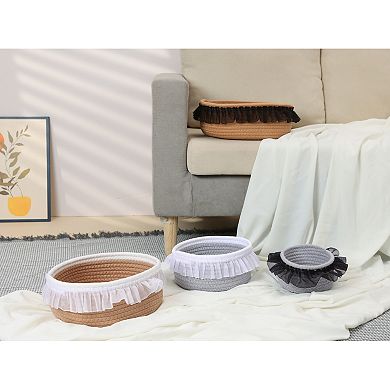 1 Pack Woven Storage Basket, Shelf Closet Storage Bin with Lace Trim for Key Tray Bowl