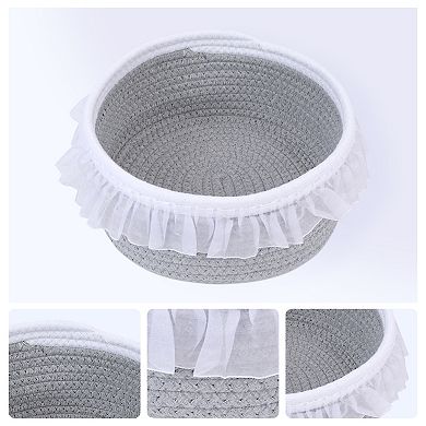 1 Pack Woven Storage Basket, Shelf Closet Storage Bin with Lace Trim for Key Tray Bowl