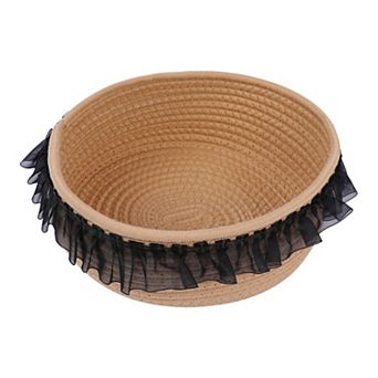 1 Pack Woven Storage Basket, Shelf Closet Storage Bin with Lace Trim for Key Tray Bowl