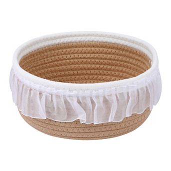 1 Pack Woven Storage Basket, Shelf Closet Storage Bin with Lace Trim for Key Tray Bowl