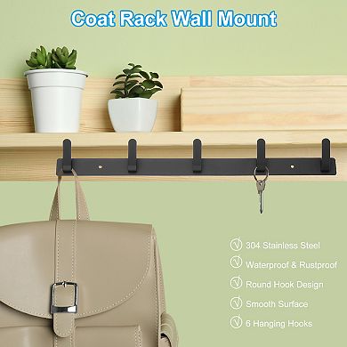 Coat Rack Wall Mount, 17" Metal Chamfer Wall Hooks Rail with 5 Hooks, Black