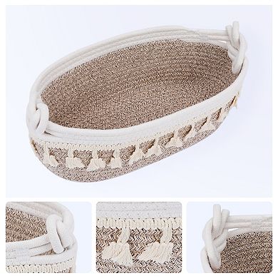 1 Pack Woven Storage Basket, Solid Shelf Storage Bin with Tassel for Home Decor 13.4*6.3*4.7in