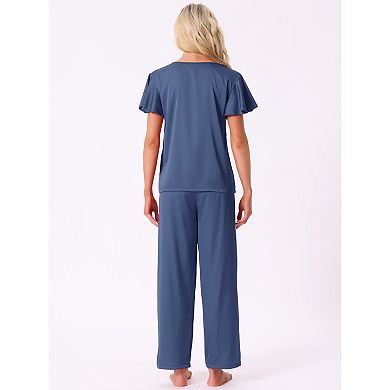 Women's Silky Satin 2Pcs Pjs Ruffle Short Sleeve Top and Long Pants Sleepwear Loungewear Pajamas Set