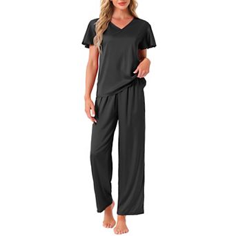 Women's Silky Satin 2 pc Pjs Ruffle Short Sleeve Top and Long Pants Sleepwear Loungewear Pajamas Set