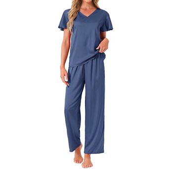 Women's Silky Satin 2 pc Pjs Ruffle Short Sleeve Top and Long Pants Sleepwear Loungewear Pajamas Set
