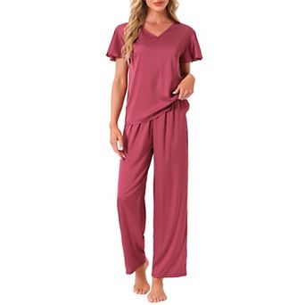 Women's Silky Satin 2 pc Pjs Ruffle Short Sleeve Top and Long Pants Sleepwear Loungewear Pajamas Set