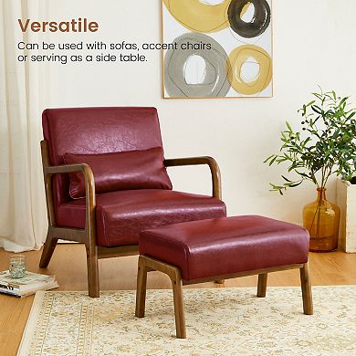 Glitzhome Modern Hunter Leatherette Accent Stool with Walnut Rubberwood Legs