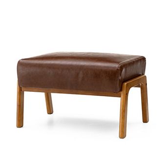 Glitzhome Modern Hunter Leatherette Accent Stool with Walnut Rubberwood Legs