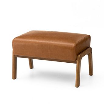 Glitzhome Mid-century Modern Leatherette Accent Stool with Walnut Rubberwood Legs