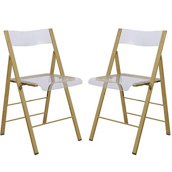 LeisureMod Menno Modern Acrylic Gold Base Folding Chair, Set of 2