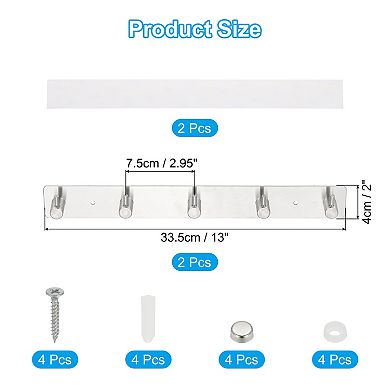 Coat Rack Wall Mount, 2 Pcs 13" Metal Chamfer Wall Hooks Rail with 5 Hooks, Silver