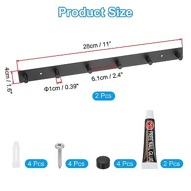Coat Rack Wall Mount, 2 Pcs 16" Metal Chamfer Wall Hooks Rail with 6 Hooks, Black