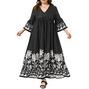 Plus Size Maxi Dress for Women V Neck Babydoll 3/4 Flare Sleeve A-Line Swing Tiered Floral Dresses