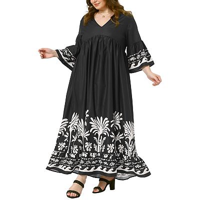Plus Size Maxi Dress for Women V Neck Babydoll 3/4 Flare Sleeve A