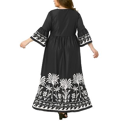 Plus Size Maxi Dress for Women V Neck Babydoll 3/4 Flare Sleeve A