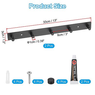 Coat Rack Wall Mount, 2 Pcs 13" Metal Chamfer Wall Hooks Rail with 5 Hooks, Black