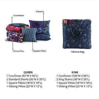 Bebejan Vibrant Flora 100% Cotton Sateen 5 Piece Reversible Comforter Set