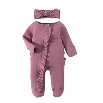 Baby Girls Ribbed Ruffle Zipper Footie with Headband
