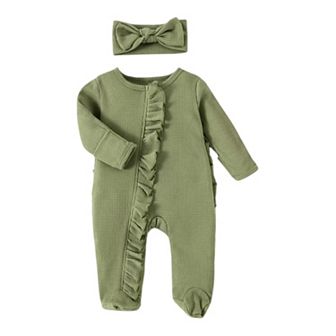 Baby Girls Ribbed Ruffle Zipper Footie with Headband