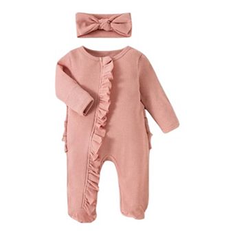 Baby Girls Ribbed Ruffle Zipper Footie with Headband