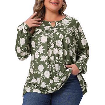 Plus Size Tops for Women Round Neck Keyhole Pleated Long Sleeve Floral Babydoll Shirt Blouse