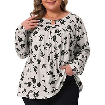 Plus Size Tops for Women Round Neck Keyhole Pleated Long Sleeve Floral Babydoll Shirt Blouse