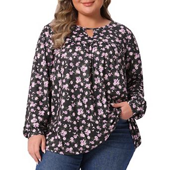 Plus Size Tops for Women Round Neck Keyhole Pleated Long Sleeve Floral Babydoll Shirt Blouse