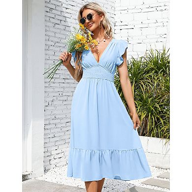 Women's V Neck Short Sleeve Dress High Waist A line Dress Flowy Ruffle Shirred Swing Midi Dresses